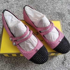 Circus NY Sam Edelman Pink and Black Mary Jane Flats with Rhinestone Detail